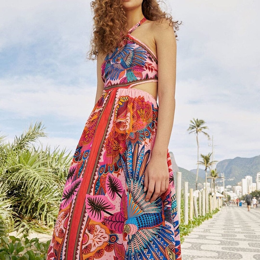 FARM Rio Pink Multi Halter Maxi with Tropical Print